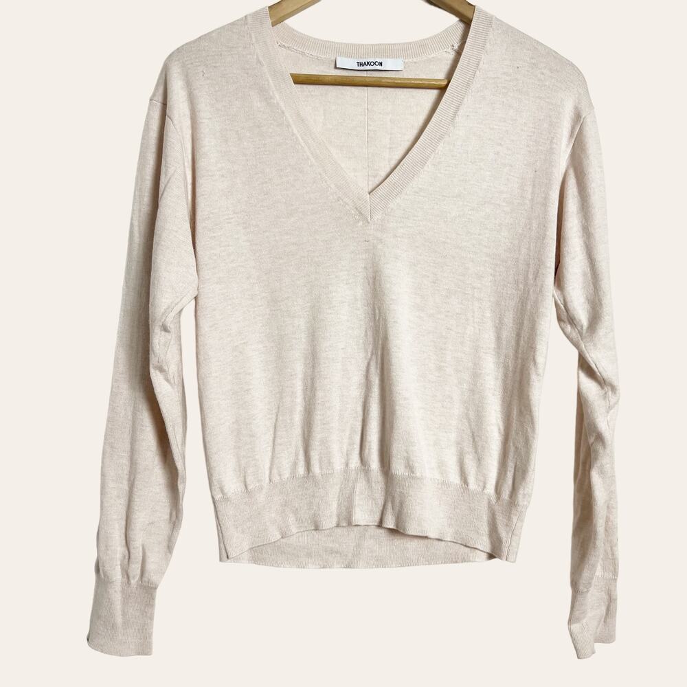 Thakoon Cream Cotton Wool Blend Long Sleeve V-Neck Pullover Sweater Size Small